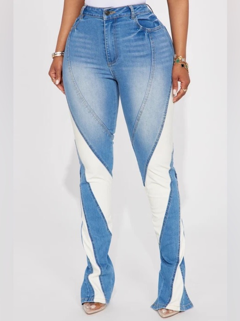 Fashion Nova Stepping Up Split Hem Skinny Jeans - Denim & White Leather Cutouts